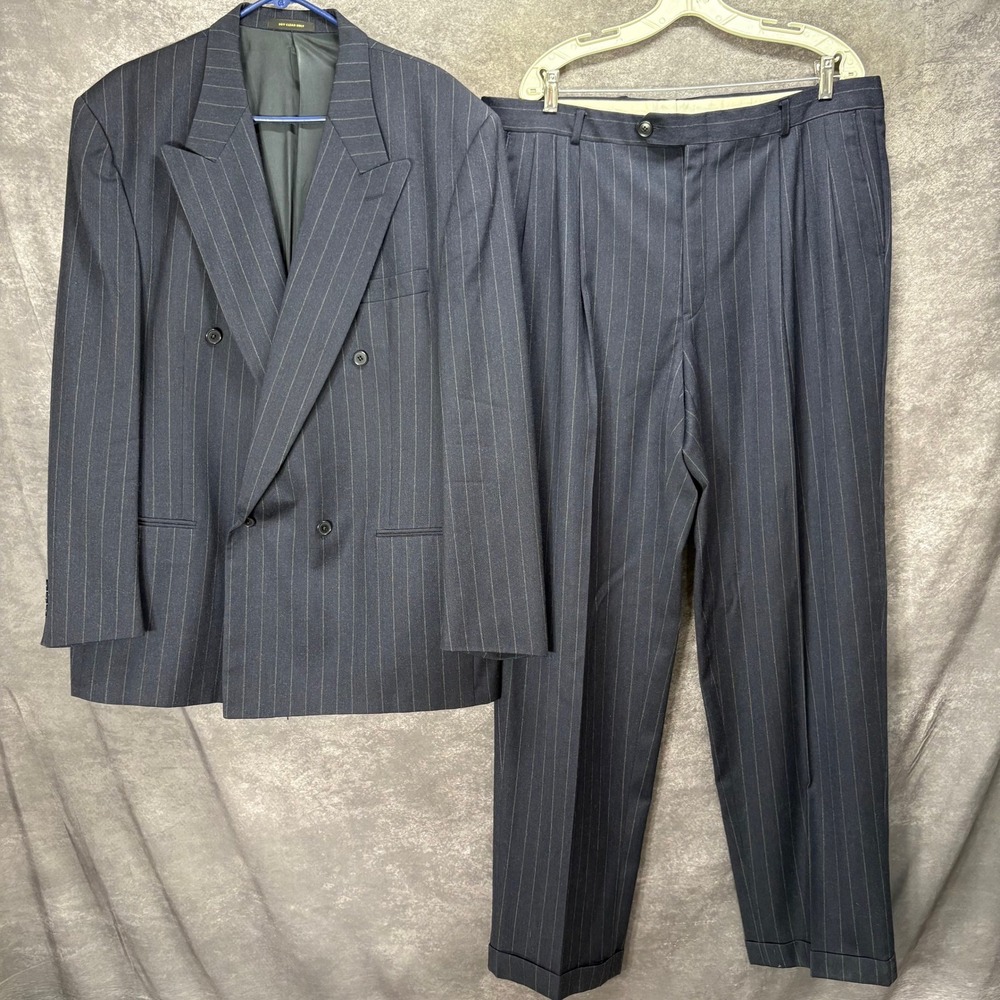 VTG Monsieur Givenchy Navy Pinstripe Double Breasted Wool Suit Sz 46R Peak Lapel